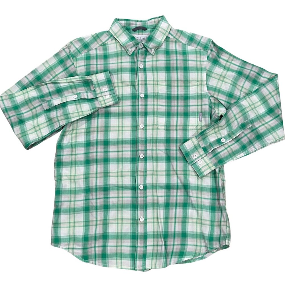 Columbia Men's Green White Plaid Long Sleeve Button Down Shirt Sz S